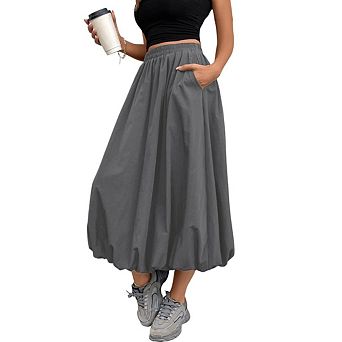 Women's Puff Waistband A-Line Pleated Balloon Skirt Flowy Maxi with Elastic Hem & Pockets