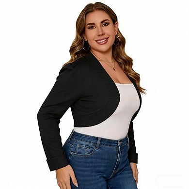 Womens Plus Size Knit Cardigan Long Sleeve Arc Open Front Soft Bolero Cropped Tops