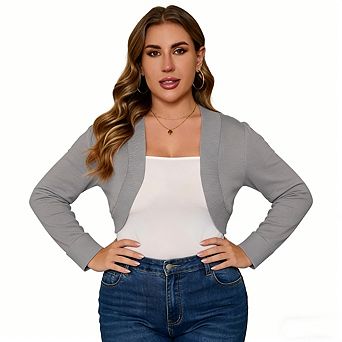 Womens Plus Size Knit Cardigan Long Sleeve Arc Open Front Soft Bolero Cropped Tops