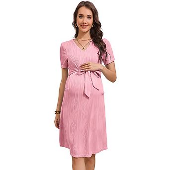 Maternity V Neck Short Sleeve Tie Waist Knee Length Dress Casual Summer Midi Dresses Baby Shower