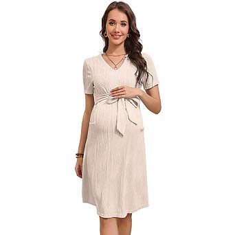 Maternity V Neck Short Sleeve Tie Waist Knee Length Dress Casual Summer Midi Dresses Baby Shower