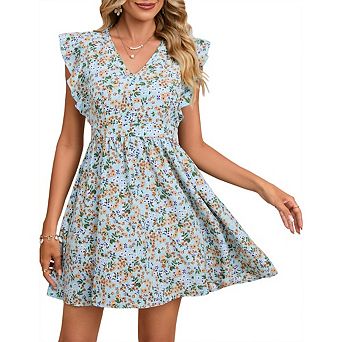 Women Summer Causal Boho Vacation Sundress Dresses Short Sleeve Wrap V Neck A-Line Floral Mini Dress