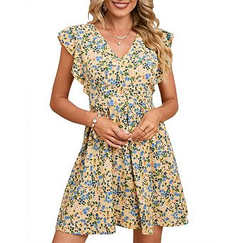 Women Summer Causal Boho Vacation Sundress Dresses Short Sleeve Wrap V Neck A-Line Floral Mini Dress