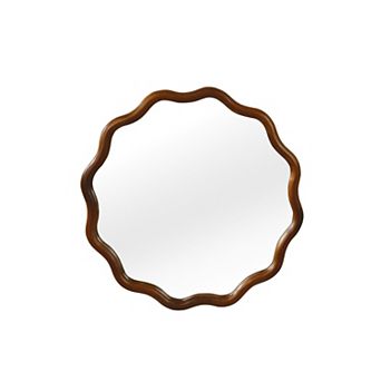 Black Walnut Color 24 inch Wavy Round Solid Wood Frame Decorative Mirror for Bedroom Bathroom