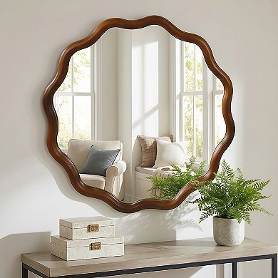 Black Walnut Color 24 inch Wavy Round Solid Wood Frame Decorative Mirror for Bedroom Bathroom