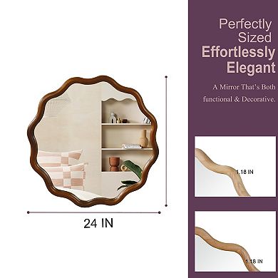 Black Walnut Color 24 inch Wavy Round Solid Wood Frame Decorative Mirror for Bedroom Bathroom