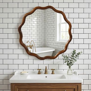 Black Walnut Color 24 inch Wavy Round Solid Wood Frame Decorative Mirror for Bedroom Bathroom