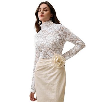 Women's Elegant Long Sleeve Lace Mesh Tops Floral High Neck Sheer Blouse