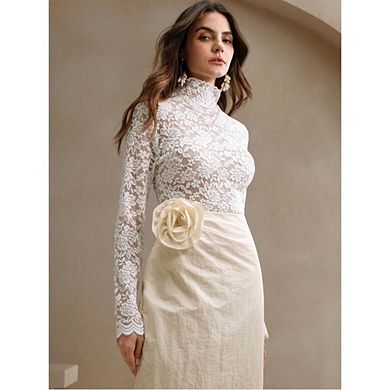 Women's Elegant Long Sleeve Lace Mesh Tops Floral High Neck Sheer Blouse