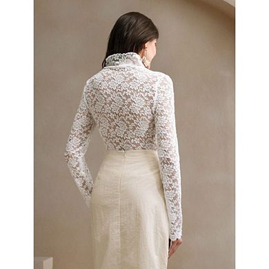 Women's Elegant Long Sleeve Lace Mesh Tops Floral High Neck Sheer Blouse