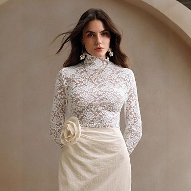 Women's Elegant Long Sleeve Lace Mesh Tops Floral High Neck Sheer Blouse