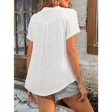 Women's Short Sleeves Blouse Casual V-Neck Henley Button Curved Hem Top