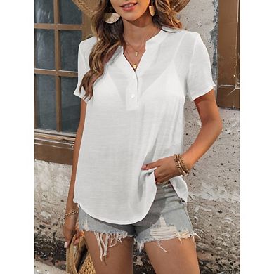 Women's Short Sleeves Blouse Casual V-Neck Henley Button Curved Hem Top