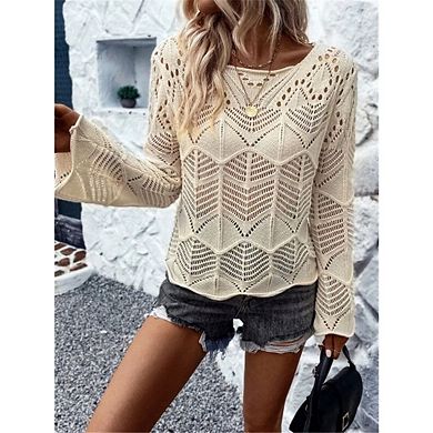 Women's Crochet Hollow Out Lightweight Sweaters Crew Neck Long Sleeve Casual Pullover Knit Top