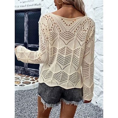Women's Crochet Hollow Out Lightweight Sweaters Crew Neck Long Sleeve Casual Pullover Knit Top