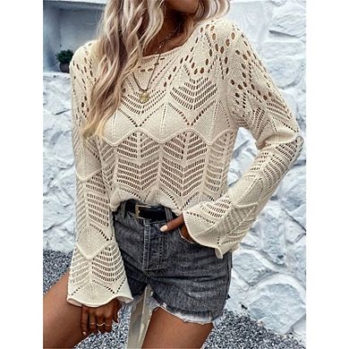 Women's Crochet Hollow Out Lightweight Sweaters Crew Neck Long Sleeve Casual Pullover Knit Top