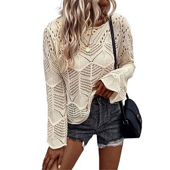 Women's Crochet Hollow Out Lightweight Sweaters Crew Neck Long Sleeve Casual Pullover Knit Top