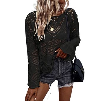 Women's Crochet Hollow Out Lightweight Sweaters Crew Neck Long Sleeve Casual Pullover Knit Top