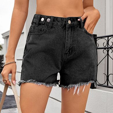 Women's High-Waisted Stretchy Distressed Shorts with Raw-Hem Casual Style