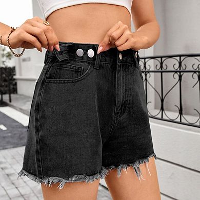 Women's High-Waisted Stretchy Distressed Shorts with Raw-Hem Casual Style