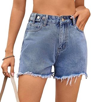 Women's High-Waisted Stretchy Distressed Shorts with Raw-Hem Casual Style