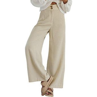 Women's High-Waist Stretch Wide-Leg Pants Button-Front Loose Fit with Pockets