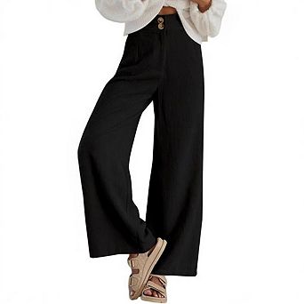 Women's High-Waist Stretch Wide-Leg Pants Button-Front Loose Fit with Pockets