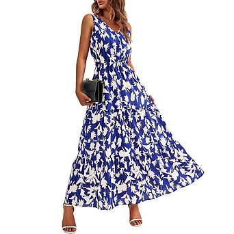 Women Summer Floral Maxi Dress Casual V Neck Elastic Waist Sleeveless Dresses
