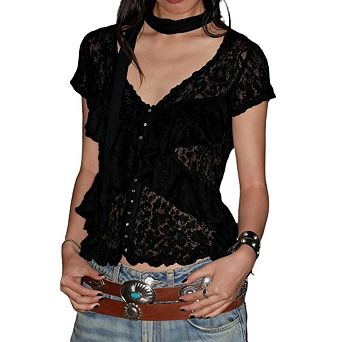 Women's Lace Crochet Top V-Neck Y2k Tie Neck for Party Club Wear
