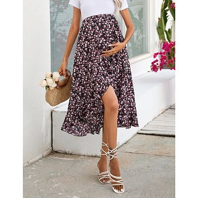 Women's Maternity High-Waist Ruffled Tiered Skirt Casual A-Line Swing Boho Style
