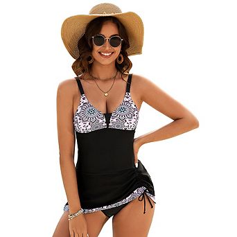 Women's Floral Print Drawstring Swim Dress Set 2 pc Tummy Control Swimsuit for Beach