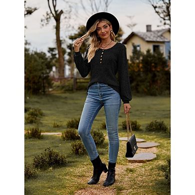 Women's Ribbed Knit Henley Top Long Sleeve Button Front Casual Lightweight Sweater Blouse