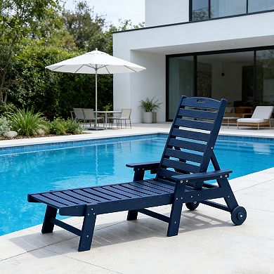 Eazegath Outdoor HDPE Plastic 5 Positions Adjustable Chaise Lounge Chair with Cup Holder and Wheels