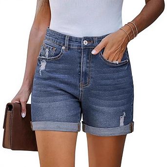 Women's Stretch High-Waist Ripped Denim Shorts Distressed Cut-Off with Pockets