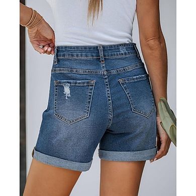 Women's Stretch High-Waist Ripped Denim Shorts Distressed Cut-Off with Pockets