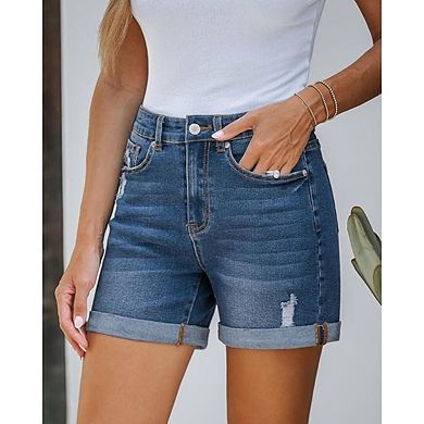 Women's Stretch High-Waist Ripped Denim Shorts Distressed Cut-Off with Pockets