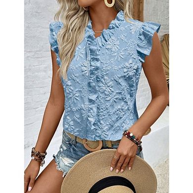 Womens Floral Cap Sleeve Blouse V Neck Button Front Ruffle Trim Casual Elegant Shirt