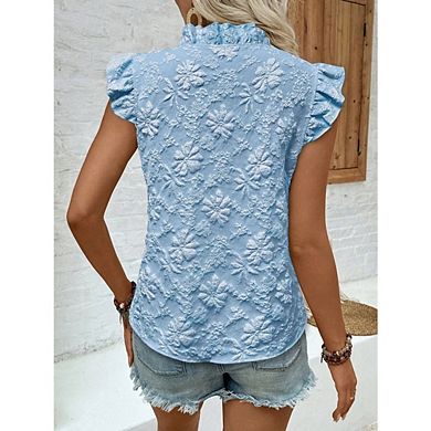 Womens Floral Cap Sleeve Blouse V Neck Button Front Ruffle Trim Casual Elegant Shirt
