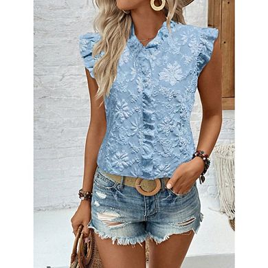 Womens Floral Cap Sleeve Blouse V Neck Button Front Ruffle Trim Casual Elegant Shirt