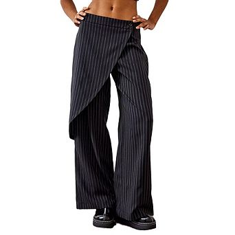 Women Fashion Striped Wrap Front Wide Leg Trousers Asymmetrical Overlap High Waist Pants