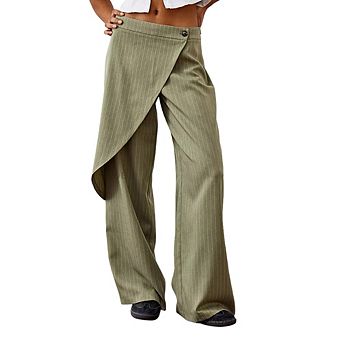 Women Fashion Striped Wrap Front Wide Leg Trousers Asymmetrical Overlap High Waist Pants