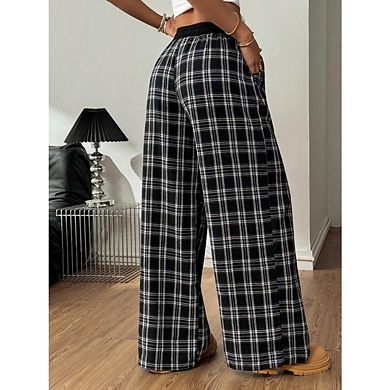 Women's High-Waisted Plaid Straight Pants Loose Casual Trousers with Pockets