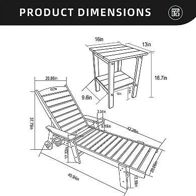 Eazegath 3-Piece Outdoor HDPE Plastic 5 Positions Chaise Lounge Chairs Set with Side Table