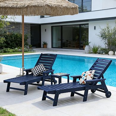 Eazegath 3-Piece Outdoor HDPE Plastic 5 Positions Chaise Lounge Chairs Set with Side Table