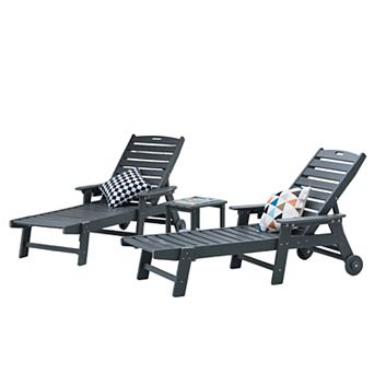 Eazegath 3 pc Outdoor HDPE Plastic 5 Positions Chaise Lounge Chairs Set with Side Table