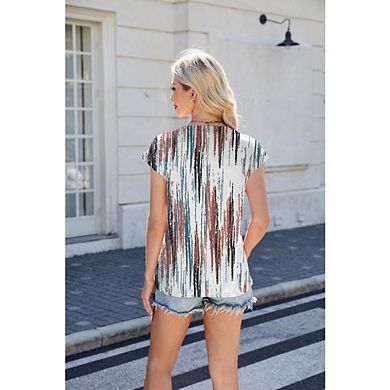 Womens Boho Short Sleeve T Shirts Crew Neck Pleated Front Beach Travel Wear