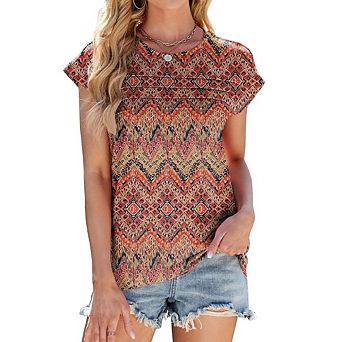 Womens Boho Short Sleeve T Shirts Crew Neck Pleated Front Beach Travel Wear