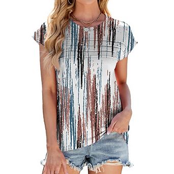 Womens Boho Short Sleeve T Shirts Crew Neck Pleated Front Beach Travel Wear