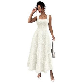 Women Summer Square Neck Floral Jacquard Maxi Dress Sleeveless A-Line Formal Gown