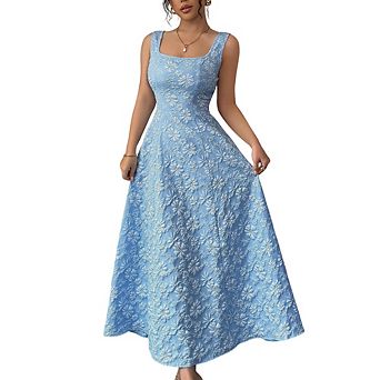 Women Summer Square Neck Floral Jacquard Maxi Dress Sleeveless A-Line Formal Gown